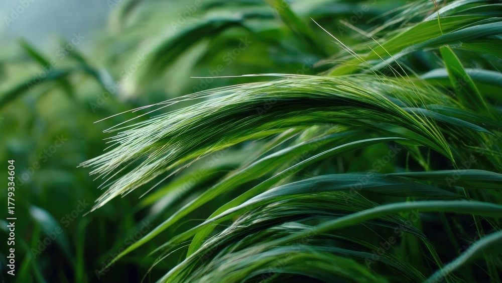 Naklejka premium Close-up of green barley plants with long awns arching over in a field. Concept Close-up of barley, green barley plants, long awns, field texture, agricultural macro