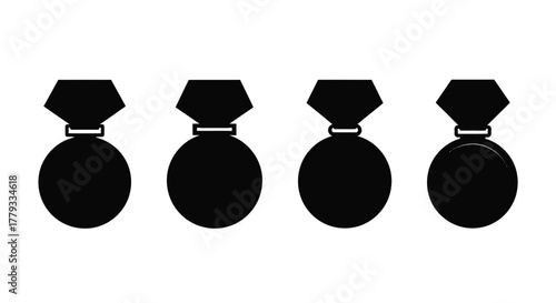 Four black medal icons isolated on white background, representing achievement