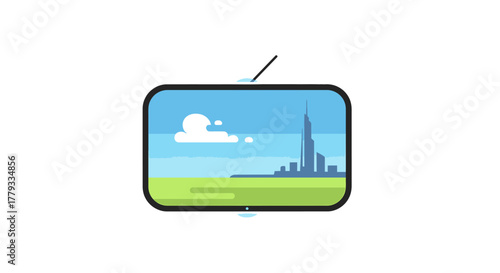Flat illustration of a television displaying a city skyline with a green field and blue sky on a white background.