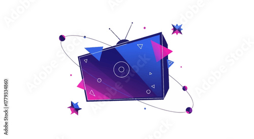 Illustration of a purple and pink television with antennae surrounded by colorful stars and geometric shapes on a white background.