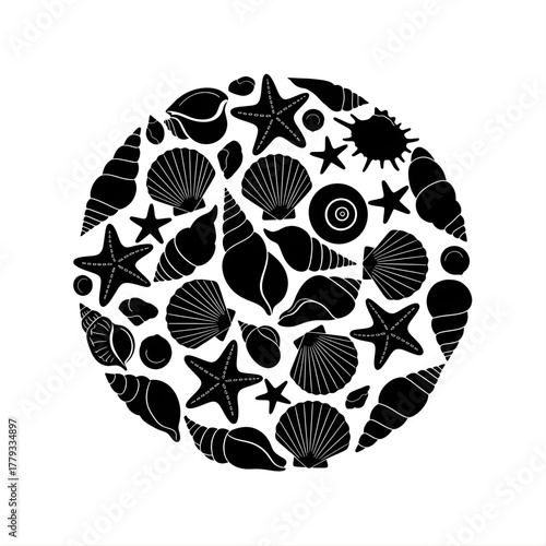 Circular arrangement of black silhouettes of various seashells and starfish shapes