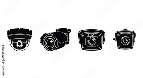 Four security camera silhouettes isolated on white background are presented