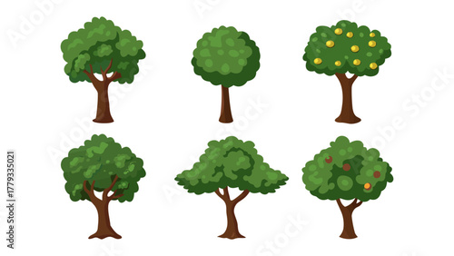 Diversity of Green Foliage: A curated set of trees with various shapes and sizes showcases the beauty and diversity of the green, with different foliage types.