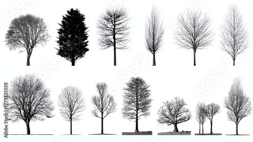 A collection of various bare trees silhouette. Diverse tree types without leaves captured against a minimalist background