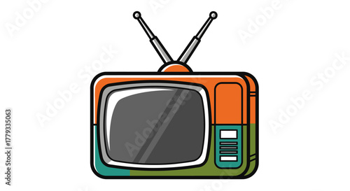 A colorful, cartoon-style illustration of a vintage television set with antennae on a white background, featuring a simple and playful design.