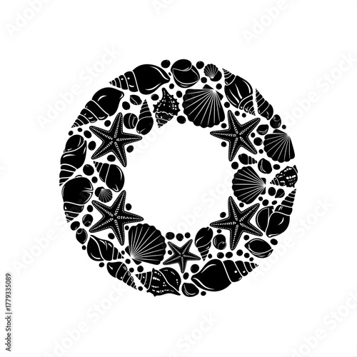 Letter o made of seashells and starfish in black and white vector illustration
