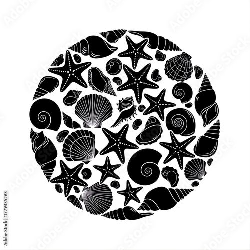 A circular arrangement of starfish and seashells in black and white silhouette style