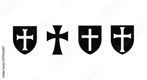 Four crusader shields isolated on white background, representing medieval era