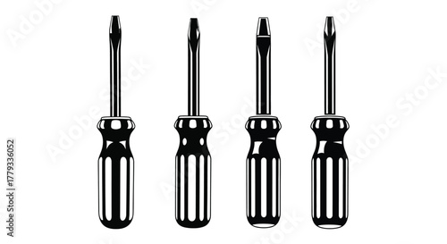 Four screwdrivers isolated on white background are arranged in a row