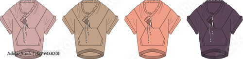 Four short-sleeved hooded tops in different colors, presented as flat fashion sketches on a white background, showcasing garment design details