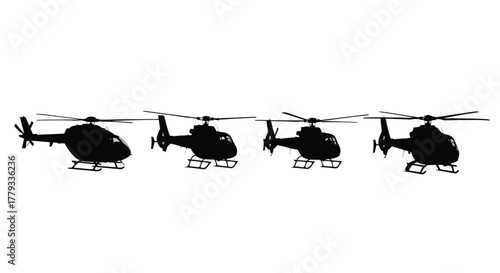 Four helicopters in silhouette isolated on white background are lined up