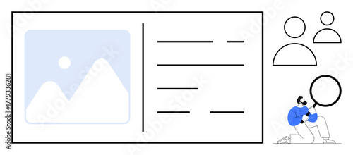 Magnifying glass highlights person analyzing info near user profiles and card with an image and text. Ideal for research, organization, user analysis, profile tracking, investigation strategies, data