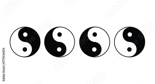 Four yin yang symbols isolated on white background in a row
