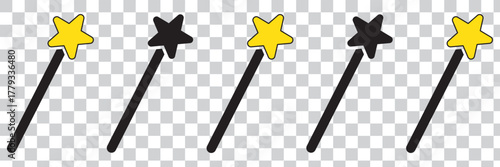Set of magic wand icons. Magic wand with a star, wizard tool. Magic and miracle symbols. Wizard stick for apps and web sites, vector.
