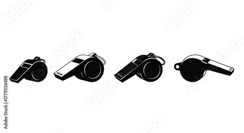 Four black whistles isolated on white background are displayed