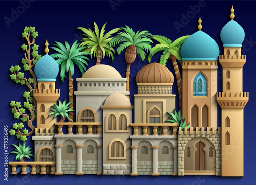 Arabic paper cut style vector illustration of ornate mosques with domes and palm trees on dark blue background. Elegant 3D design for Ramadan or travel concept.