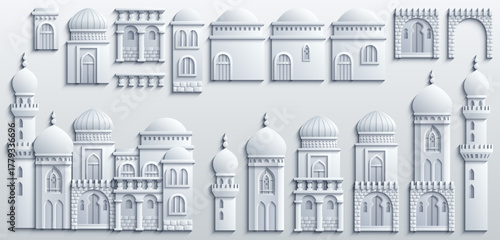 Set of stylized ancient Middle Eastern buildings in paper cut style. Perfect for games, travel guides, architecture projects, or historical infographics. Hand drawn vector illustration