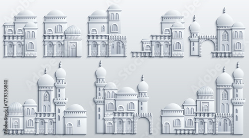 Set of stylized ancient Middle Eastern buildings in paper cut style. Perfect for games, travel guides, architecture projects, or historical infographics. Hand drawn vector illustration