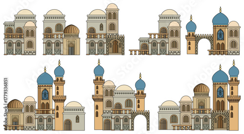 Set of stylized ancient Middle Eastern buildings in paper cut style. Perfect for games, travel guides, architecture projects, or historical infographics. Hand drawn vector illustration