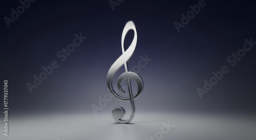 3D Render of a Shiny Metallic Treble Clef Symbol, G Clef Music Note Sign Isolated on a Dark Blue Gradient Background.