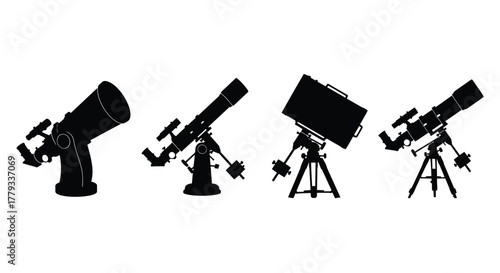 Four telescopes in different positions isolated on white background, astronomy tools
