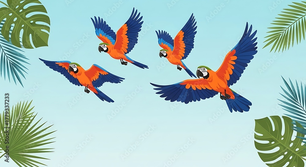 Obraz premium Vibrant Macaws in Flight - A Tropical Avian Scene.
