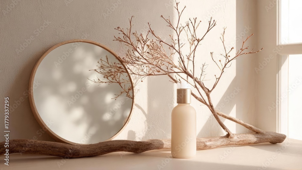 Naklejka premium Minimalist still life with a round wooden mirror, a beige bottle with a gold cap, and dried branches arranged on driftwood. Concept Minimalist still life, Round wooden mirror