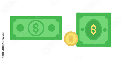 Green paper money and coins icons.