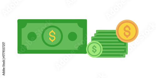 Green paper money and coins icons.