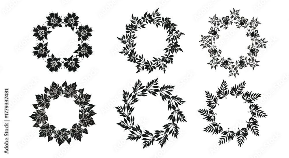 Obraz premium Six floral wreaths isolated on white background, perfect for design projects