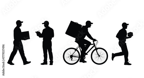 Silhouettes of delivery people isolated on white background