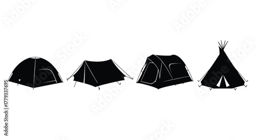 Four different types of tents isolated on white background are displayed