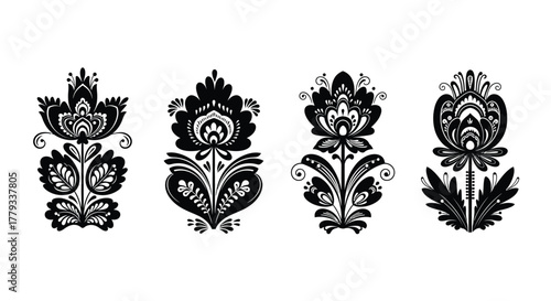 Four floral designs in black isolated on white background
