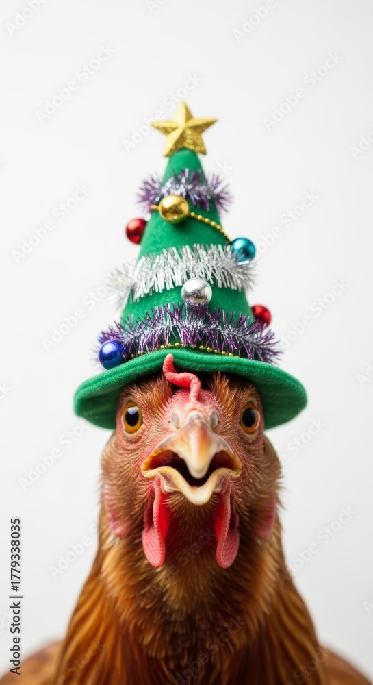 Naklejka premium chicken wearing a Christmas tree hat, holiday animal graphic, on a white background