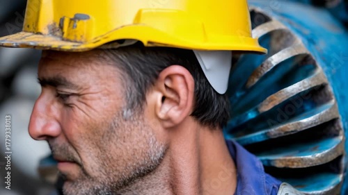 Electric maintenance worker wearing hard hat and work uniform. Electric maintenance tasks require skilled technicians and a dedication to safety, as shown here.