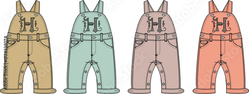 Set of four colorful baby overalls, each featuring a unique pastel hue and a decorative letter 'H' emblem