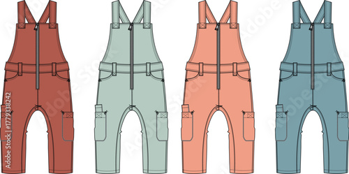 Collection of children's overalls in different colors, showcasing fashion and design
