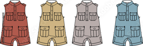 Four stylish safari vests for toddlers in different colors red, beige, grey, and blue