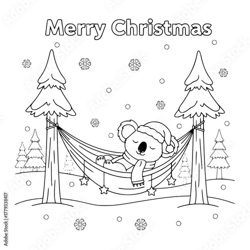 Koala relaxing in hammock with “Merry Christmas,” coloring book page for toddlers Generative AI