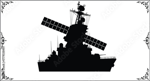 Modern naval warship silhouette, radar array, military ship, maritime defense, destroyer class, ocean patrol, technology, antenna, weapon systems, silhouette