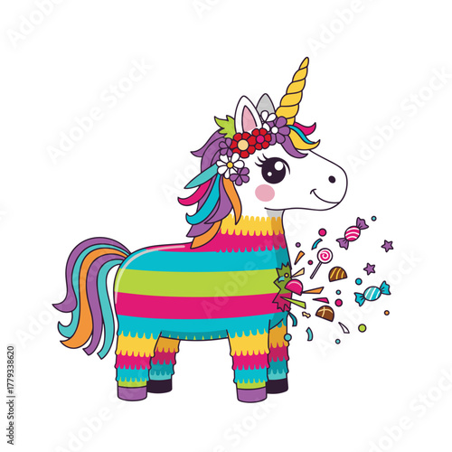 Festive Striped Unicorn Pinata Bursting with Colorful Candies and Confetti on a Black Background Simple Flat Vector Illustration Celebratory Party Fun