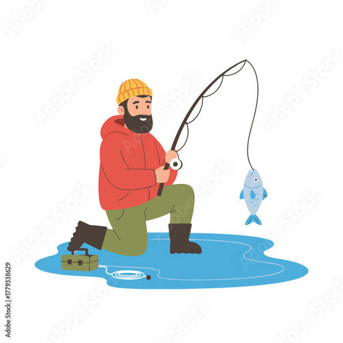 Fisherman Kneeling on Icy Surface Holding Fishing Rod with Fish on Line in Bright Daylight Outdoor Activity