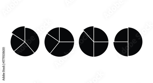 Four pie charts with different segmentations isolated on white background shown