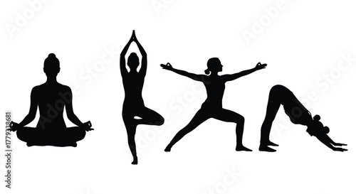 Four yoga poses isolated on white background are shown in silhouette