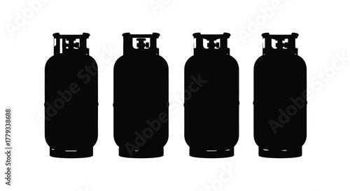 Four gas cylinders isolated on white background are arranged in a row