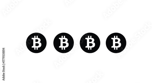 Four bitcoin symbols in a row isolated on white background, simple and clean