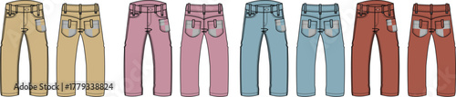 Colorful denim pants in various shades, offering a diverse selection for fashion and style