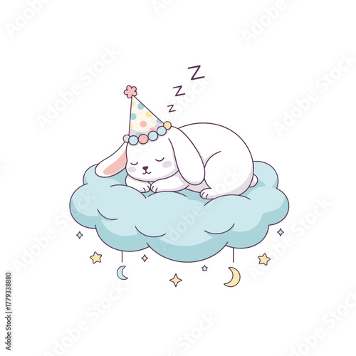 Cute white bunny rabbit wearing a party hat sleeping peacefully on a soft blue cloud with stars and moons on a black background