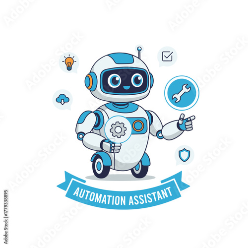 Cute White Blue Robot Character With Gears And Icons Symbolizing AI Automation And Innovation On A White Background