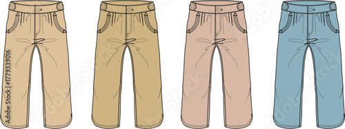 Collection of Four Different Colored Trousers Displayed in a Row Against a White Background